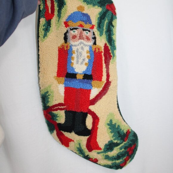 Vintage Wool Tapestry Needlepoint 18" Christmas Nutcracker Stocking Green Velvet - Picture 2 of 7